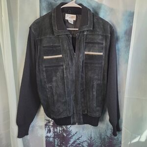 Van Cort Genuine Leather Ribbed Black and Gray Bomber Jacket